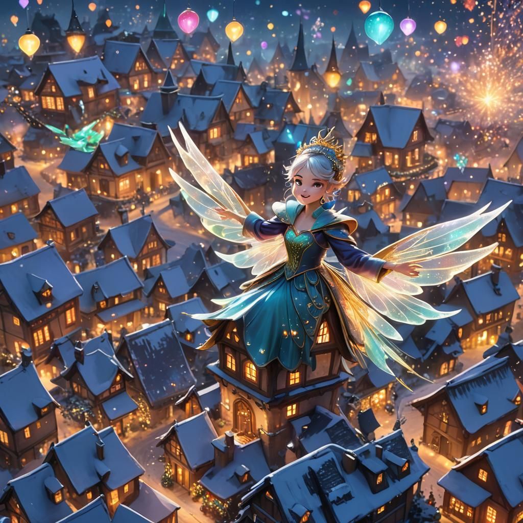 Christmas Fairy Godmother Soaring Over Village: 3D Anime Art