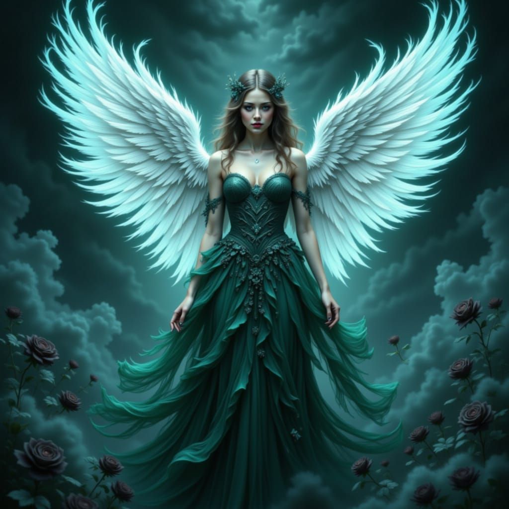 Angel in Evergreen Dress with Blue Flame Wings