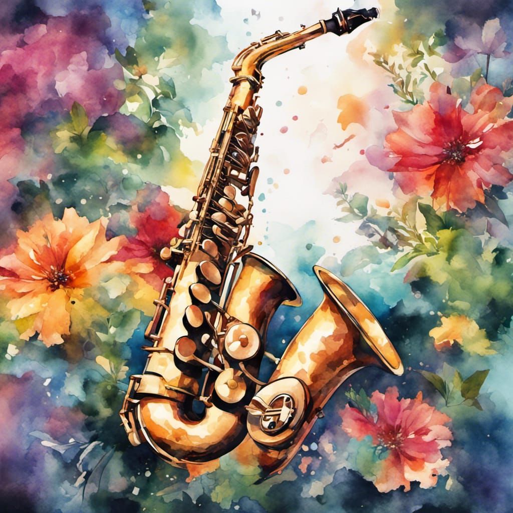 Saxophone Among Flowers: Watercolor Splash Art