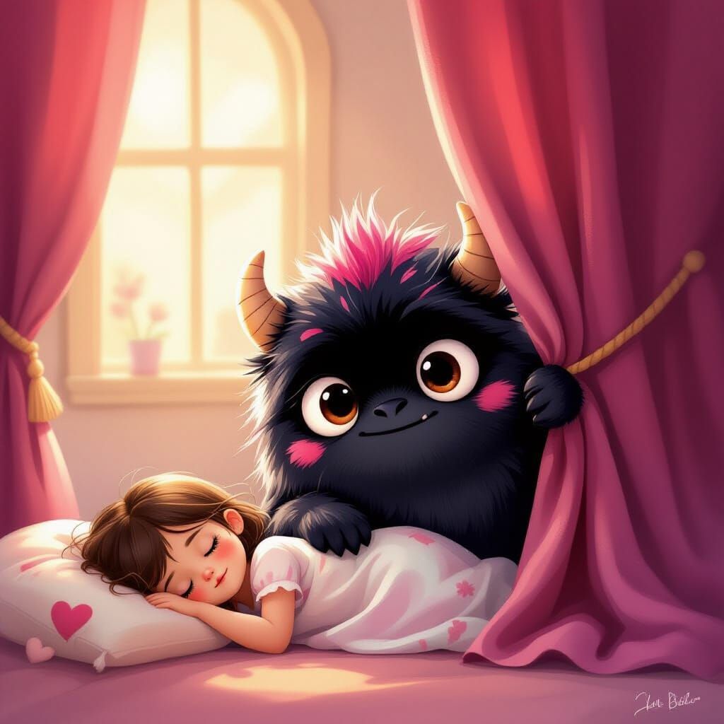 Adorable Monster Peeks Behind Curtain, Sleeping Girl