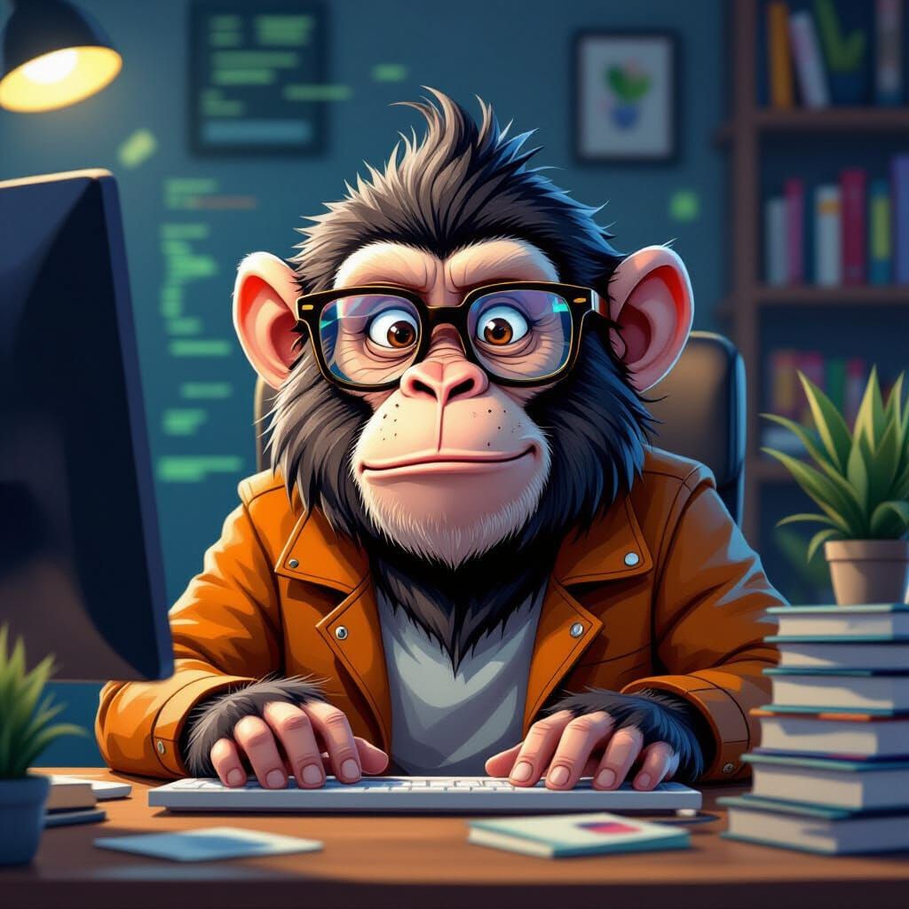 Ape in Glasses Codes on Computer with Books