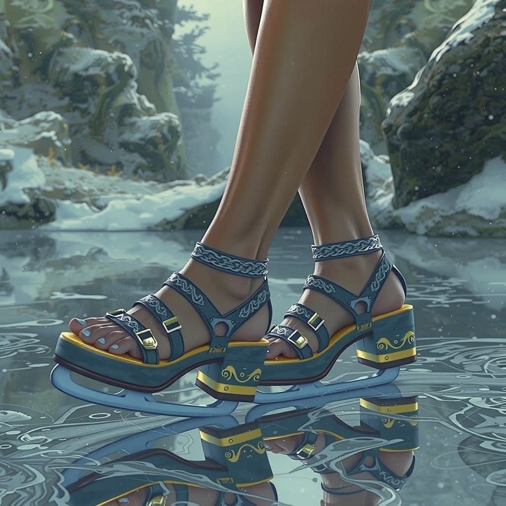 Surreal Fantasy Scene of Gliding Woman in Grey Ice Skates