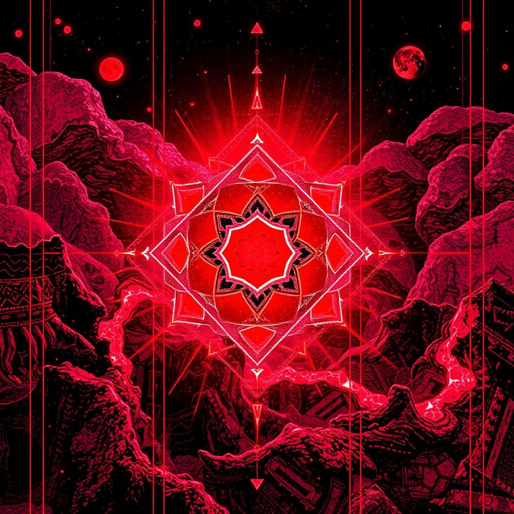 Red Ruby Glitch Art Constellation in Maximalist Style