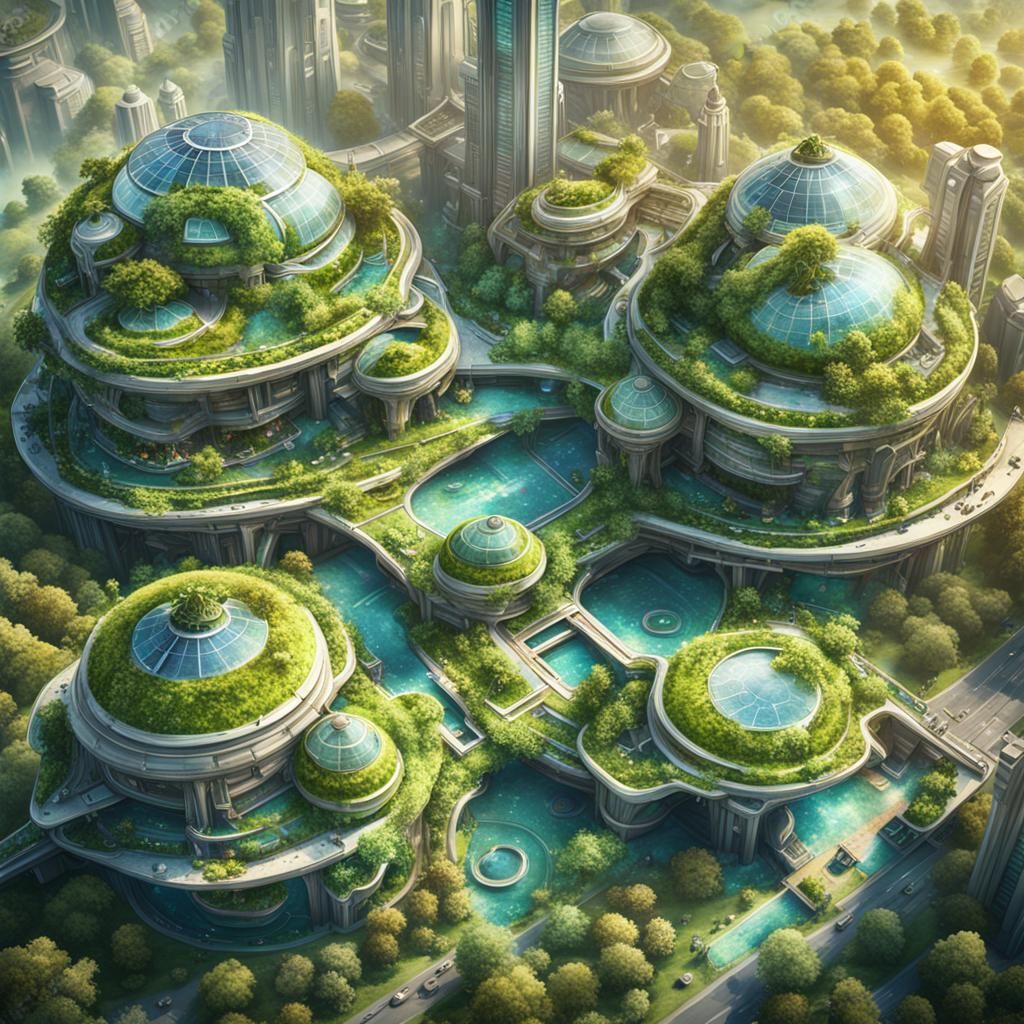 Aerial View of Lush Solarpunk City in Watercolor