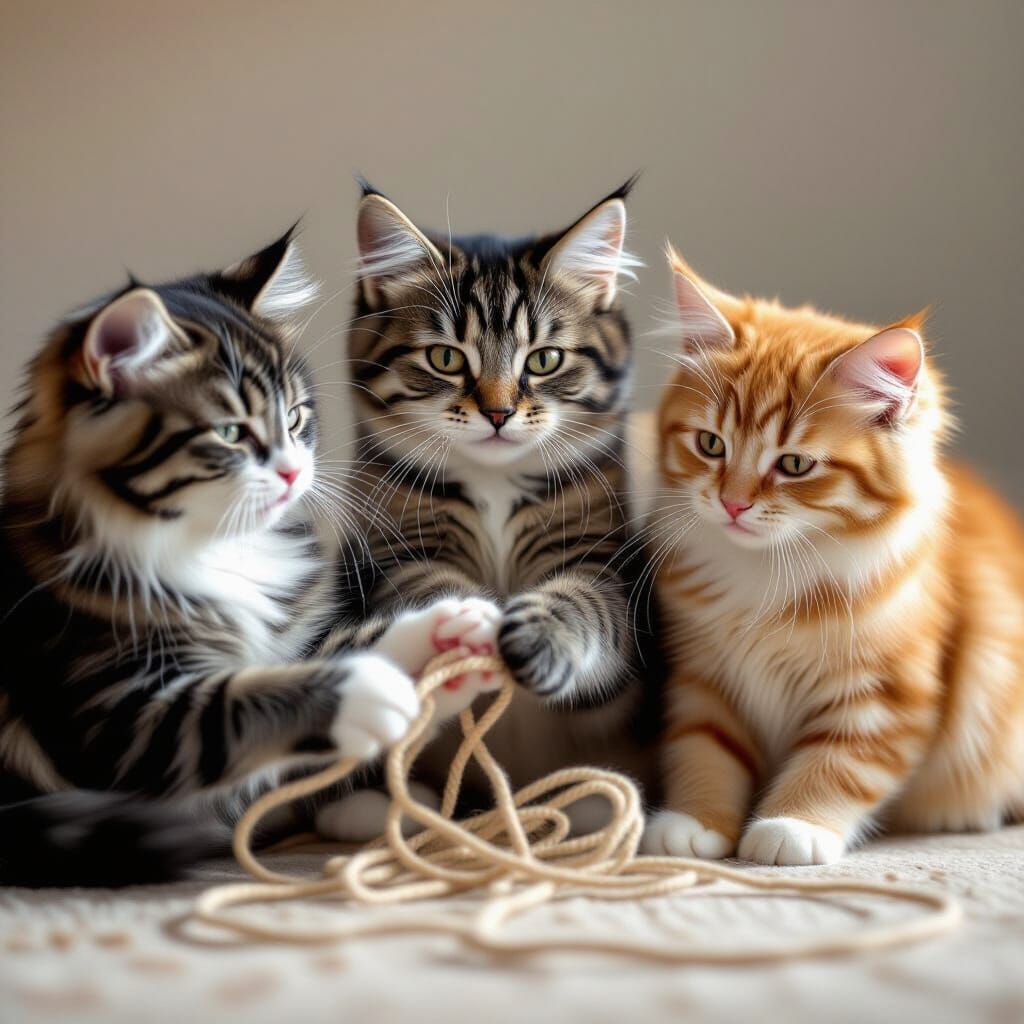 Three Cats Play with Colorful Yarn