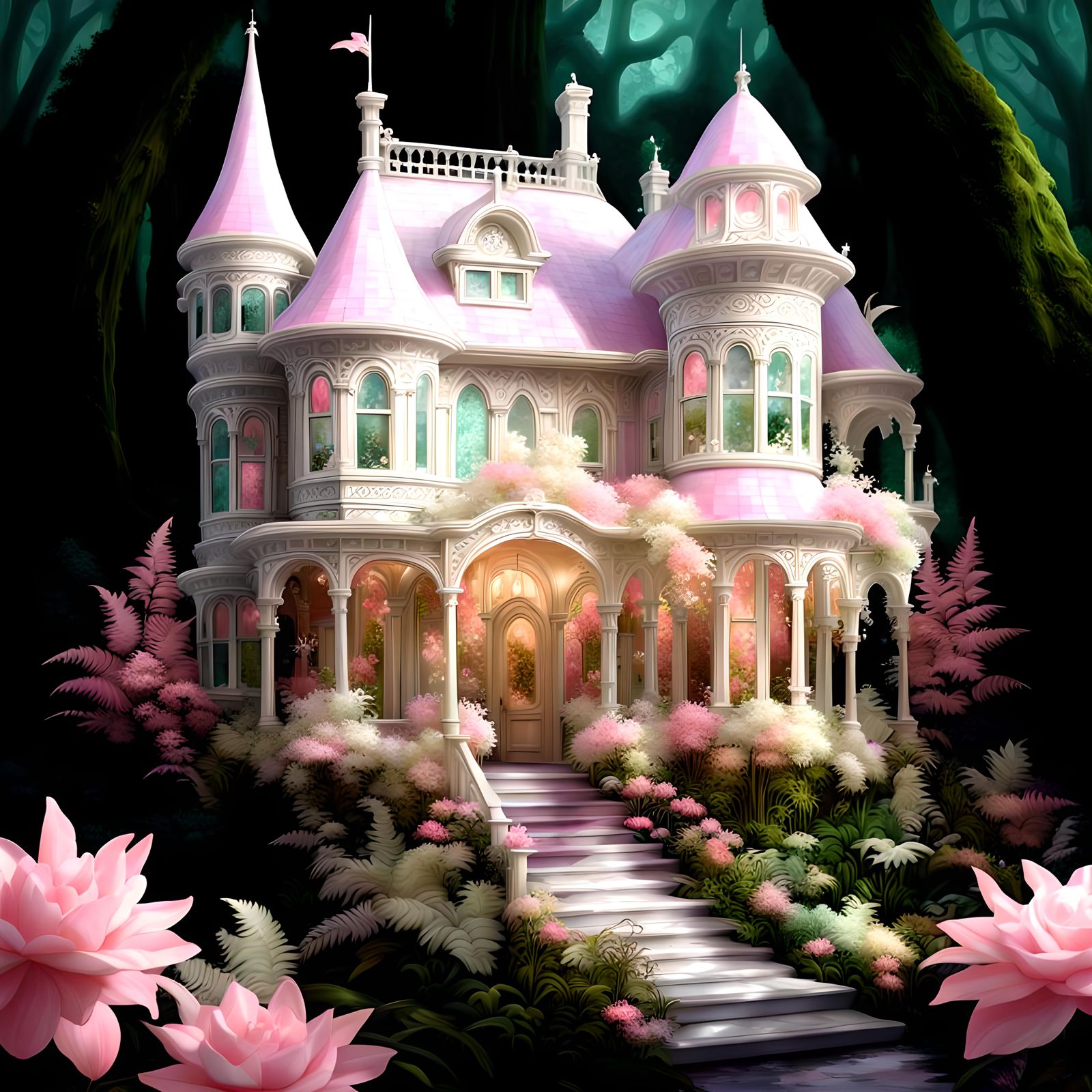Iridescent mother-of-pearl White fantasy fairy victorian mansion, pink and white flowers, ferns, trees, background dark ...