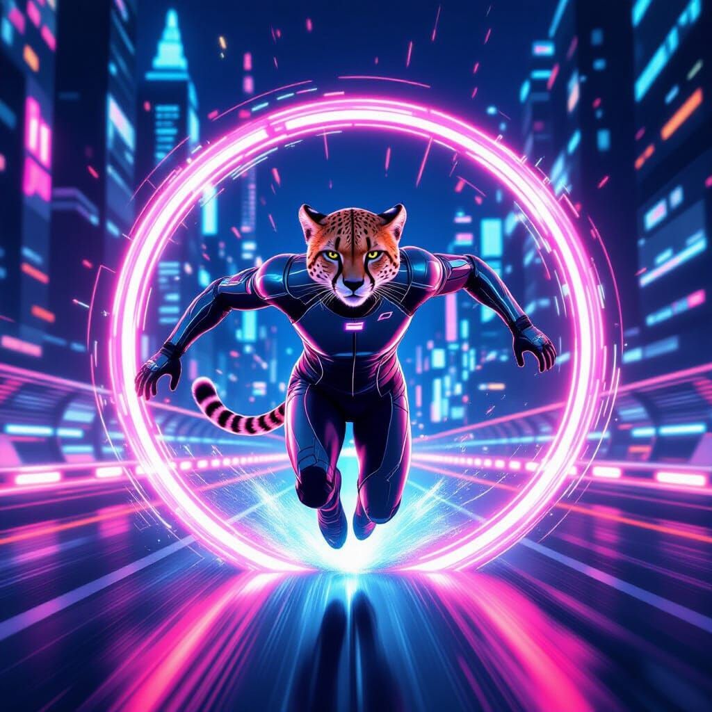Cyberpunk Cheetah Leaps Through Sci-Fi Portal