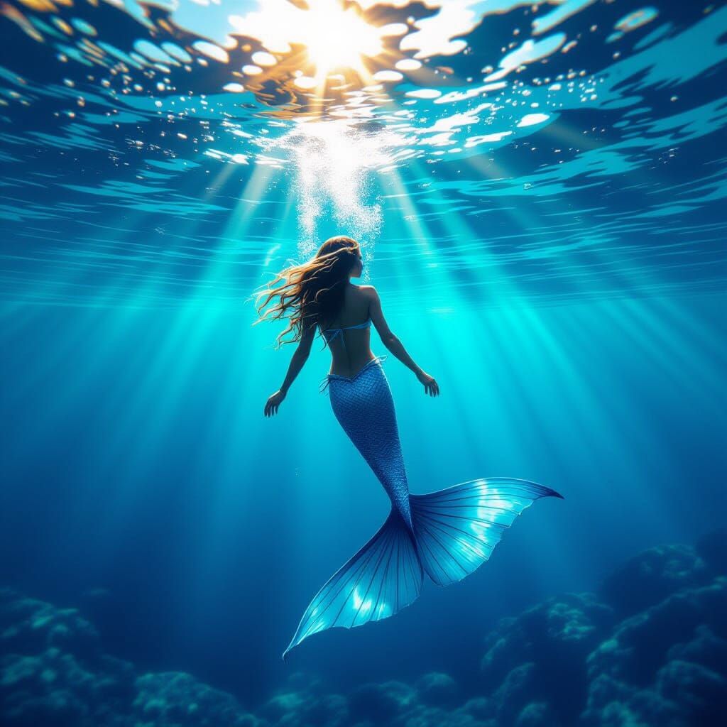 Naturist Mermaid Swimming in Azure Water