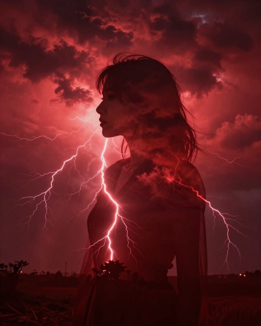 Crimson Silhouette of Woman in Red Storm