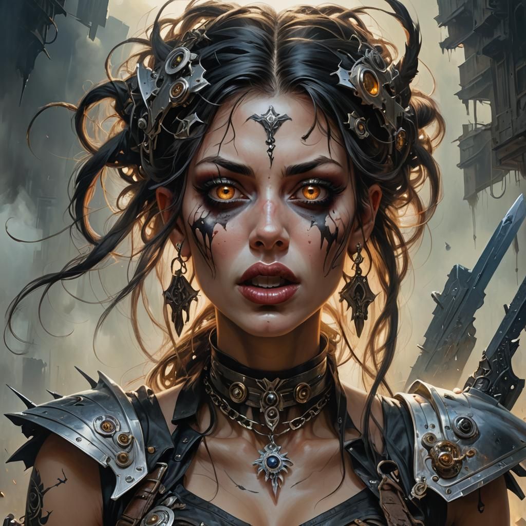 Gothic Woman in Post-Apocalyptic Acrylic Painting