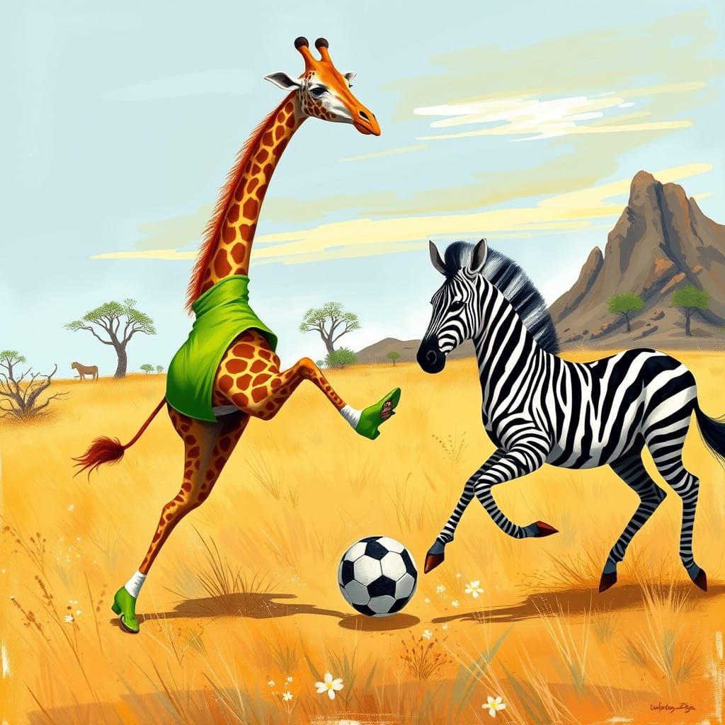 Giraffe Kicks Football in Vibrant Kenyan Landscape