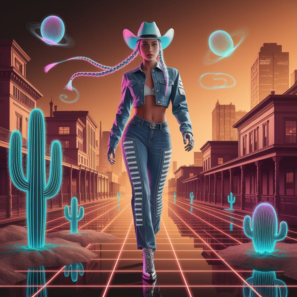 Cyborg Cowgirl Striding Through Neon Metropolis