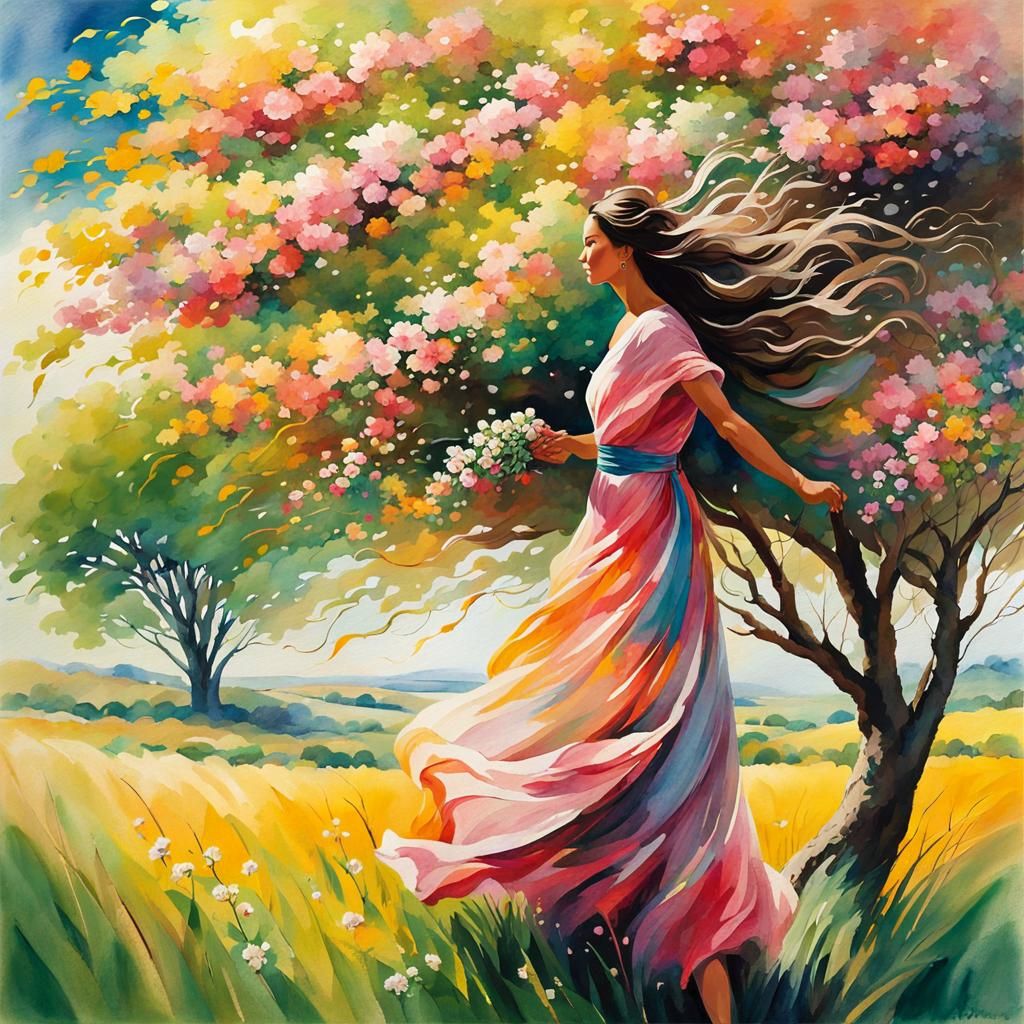 Woman in Windy Field: Watercolour Illustration