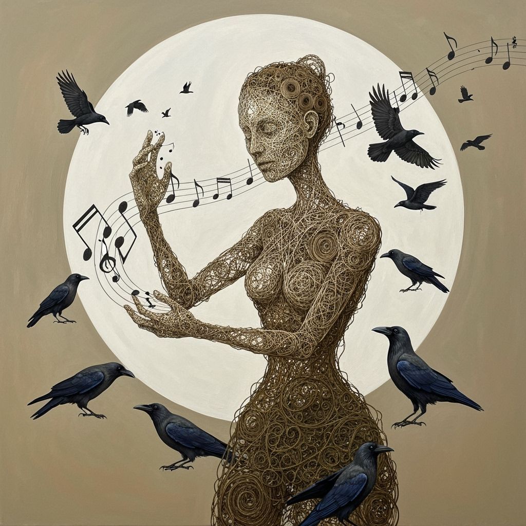 Surreal Figure Creates Music Among Crows in Symbolic Paintin...