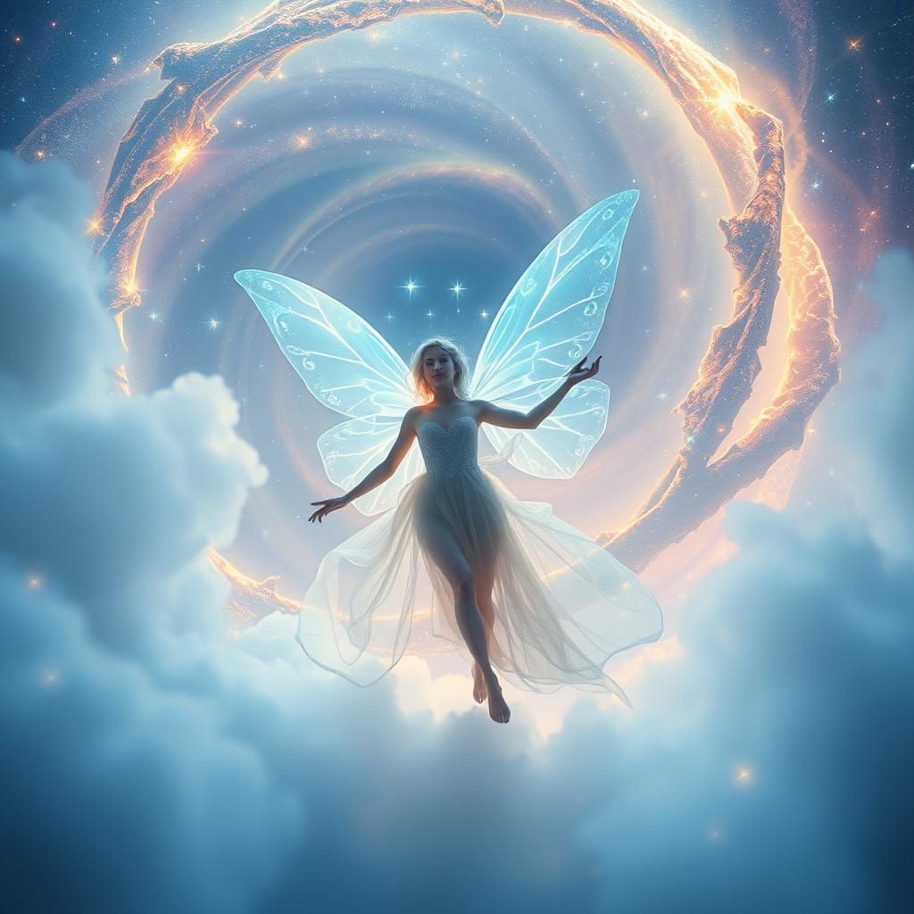 Celestial Fairy Dances Amidst Vibrant Starlight and Ocean Wa...