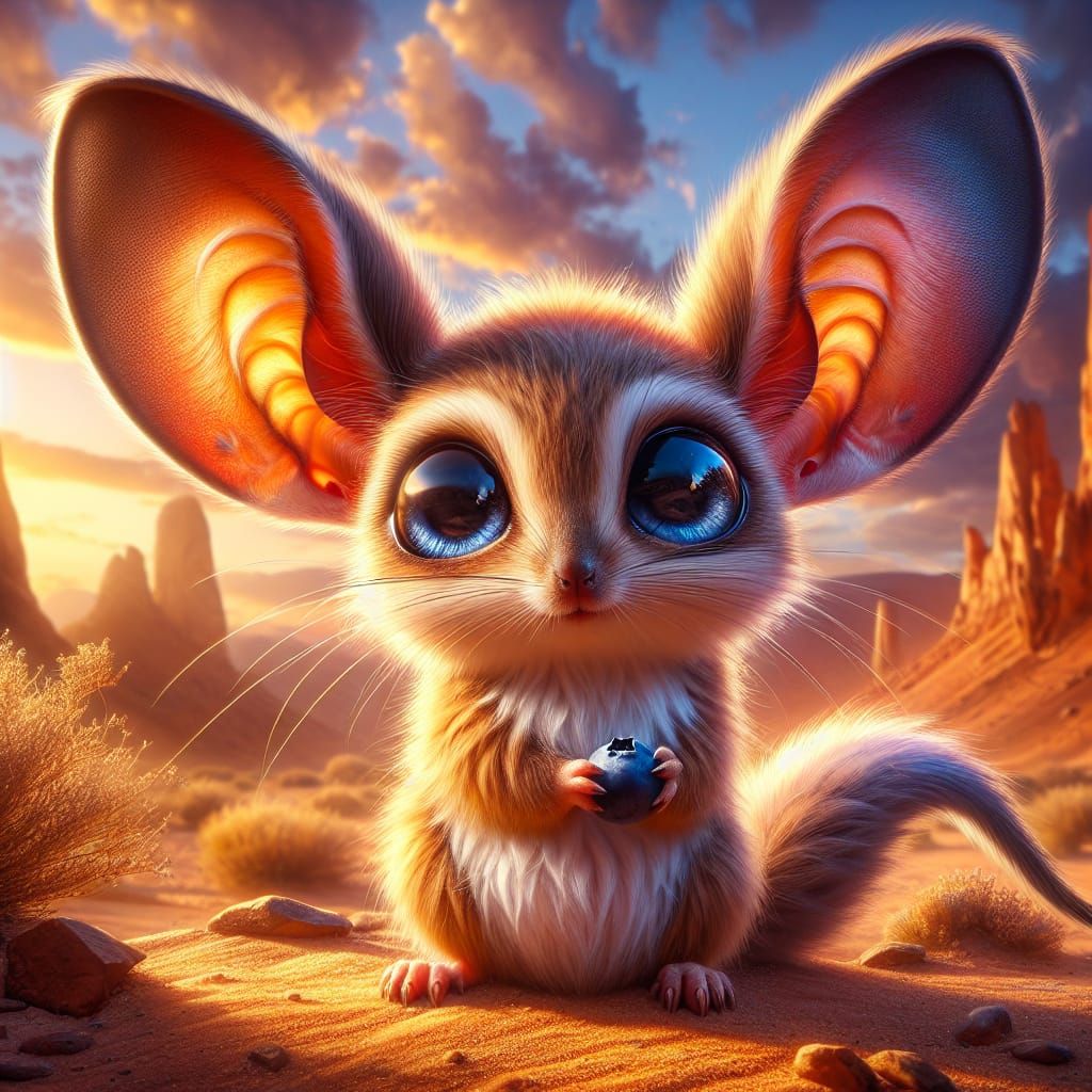 Cute Long-Eared Jerboa Holds Blueberry in Sunset Desert