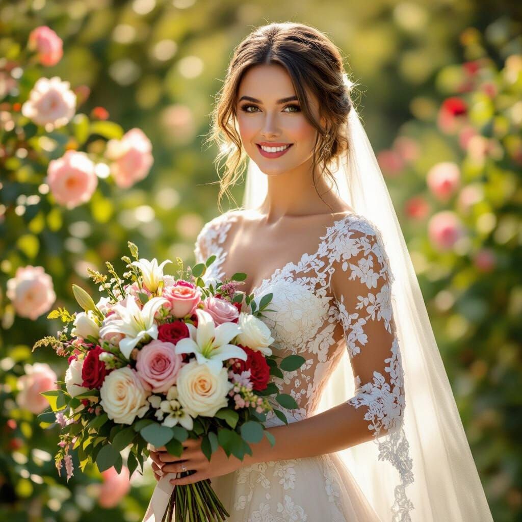 Radiant Bride in Rose Garden, Romantic Painterly Style