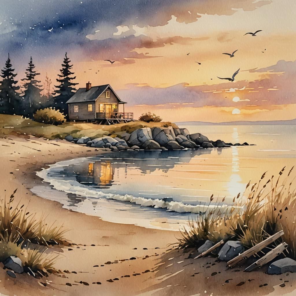 Seaside Cabin in Twilight: Watercolor Painting