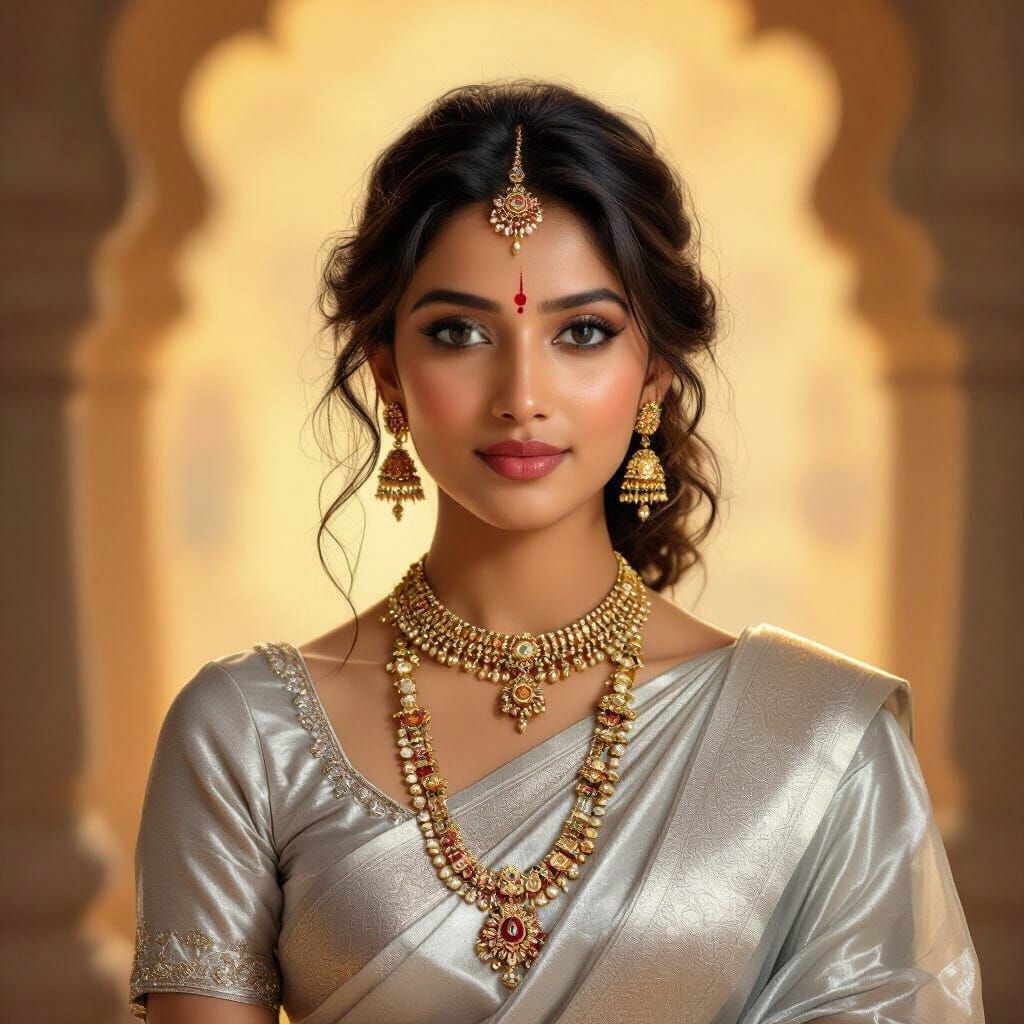 Indian Woman in Silver Saree, Classical Realism