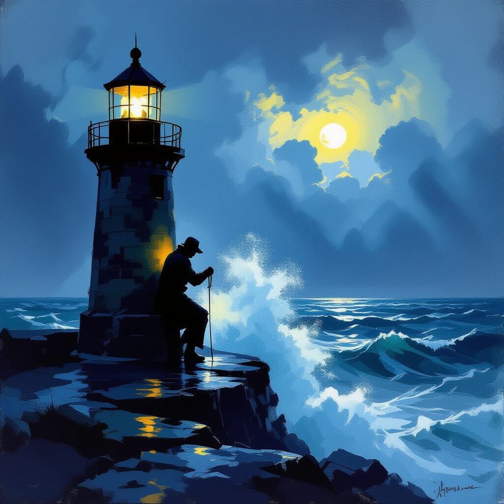 Lighthouse Keeper Tending Lamp Against Stormy Sea