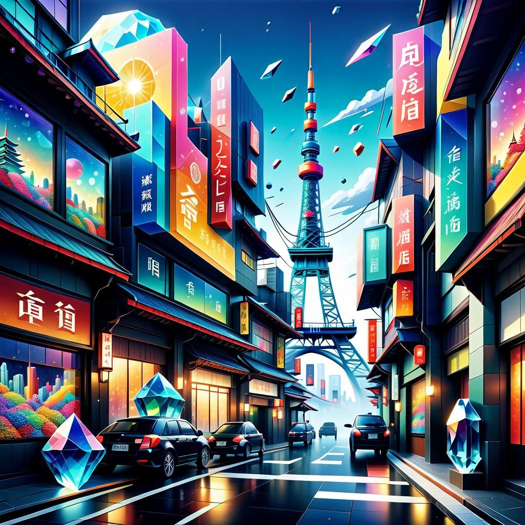 Crystalline Tokyo: A Geometric Art Deco Digital Painting