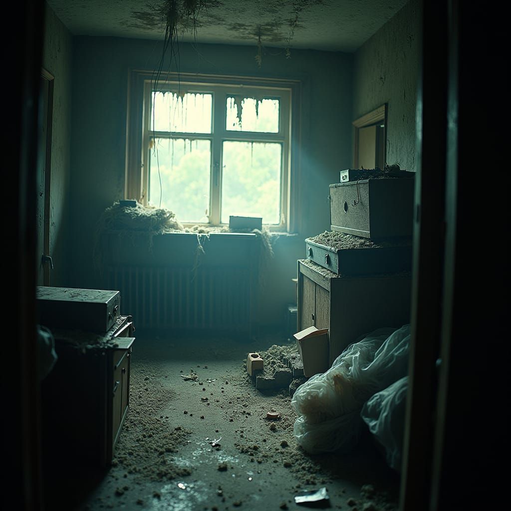 Dramatic Cinematic Still of a Junk-Filled Room
