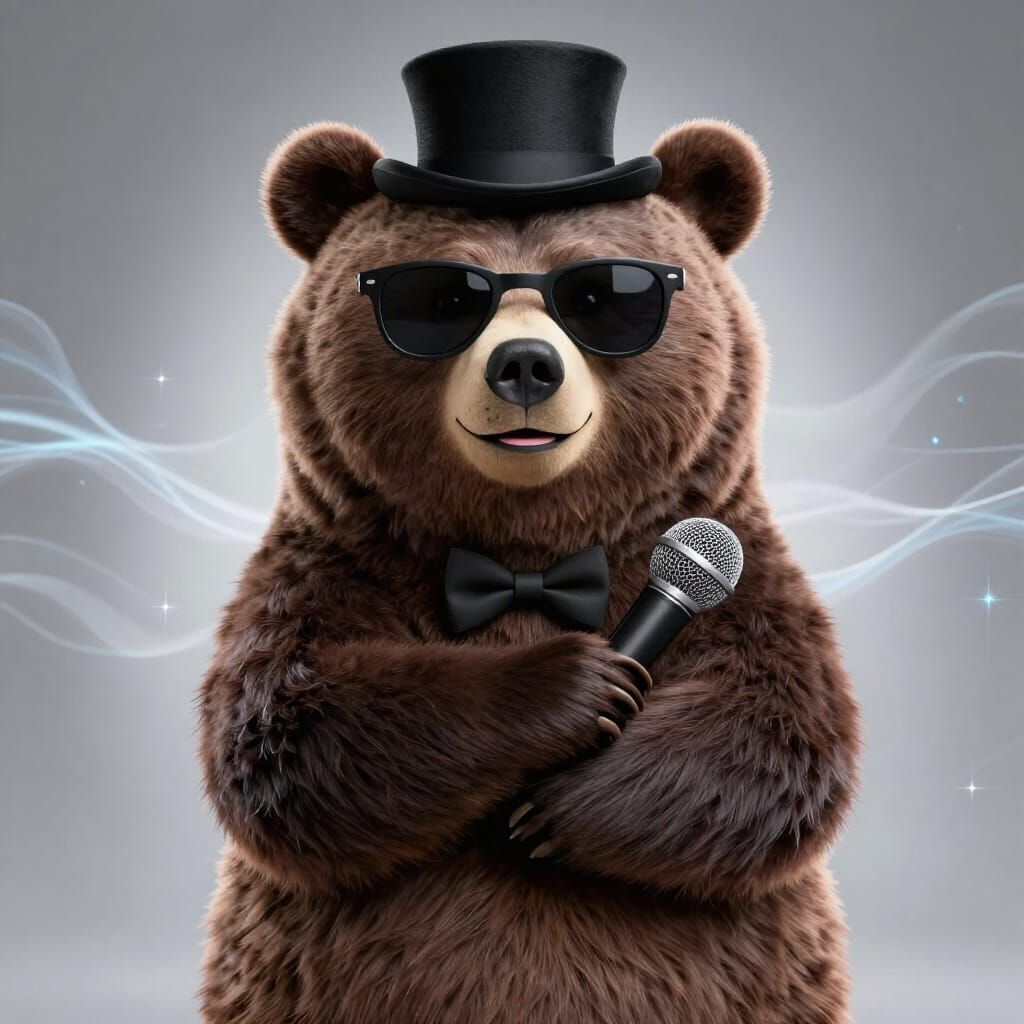 Photorealistic Bear in Top Hat Holding Microphone
