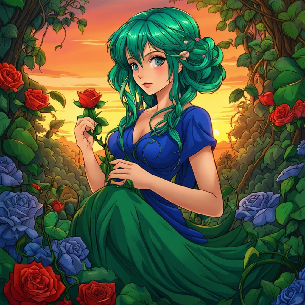 Anime Woman with Green Hair in Jungle Setting