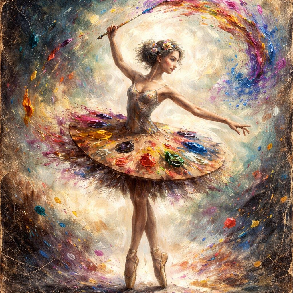 Ballerina Splashing Paint in Dreamlike Acrylic Style