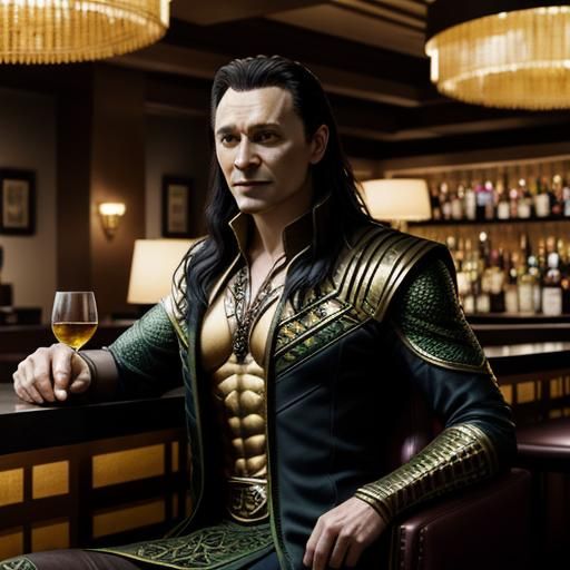 Marvel's Loki in a hotel bar sipping mead. The hotel has all...