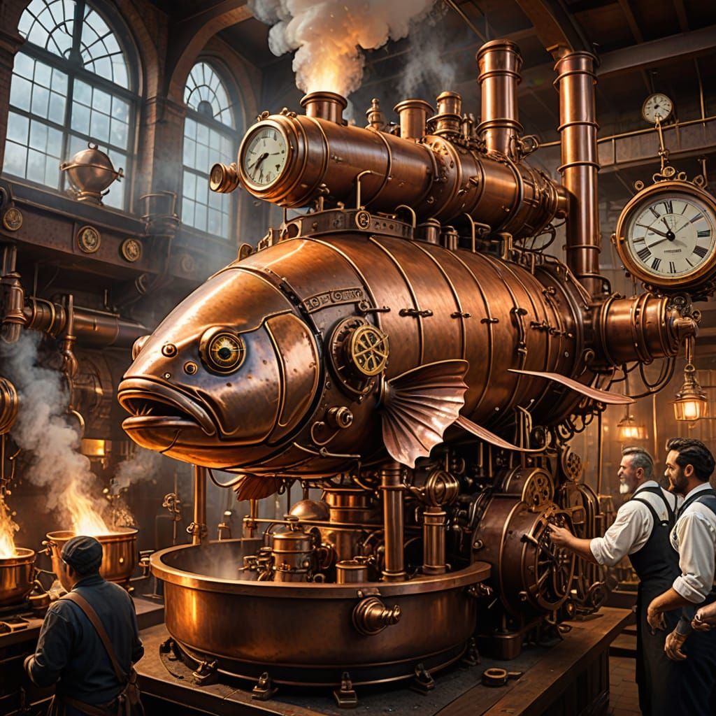 Majestic Steampunk Chef Stirs Golden Fish Boil