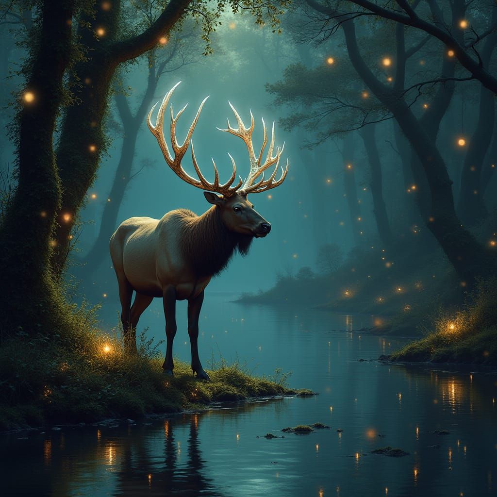Elk with Crystalline Antlers in a Luminous Forest