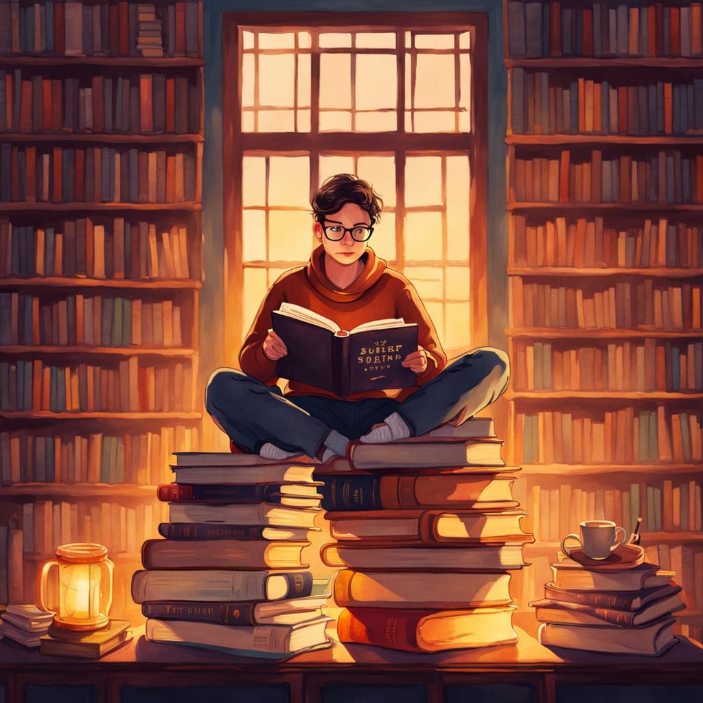 Cozy Librarian Reading: Watercolor Illustration