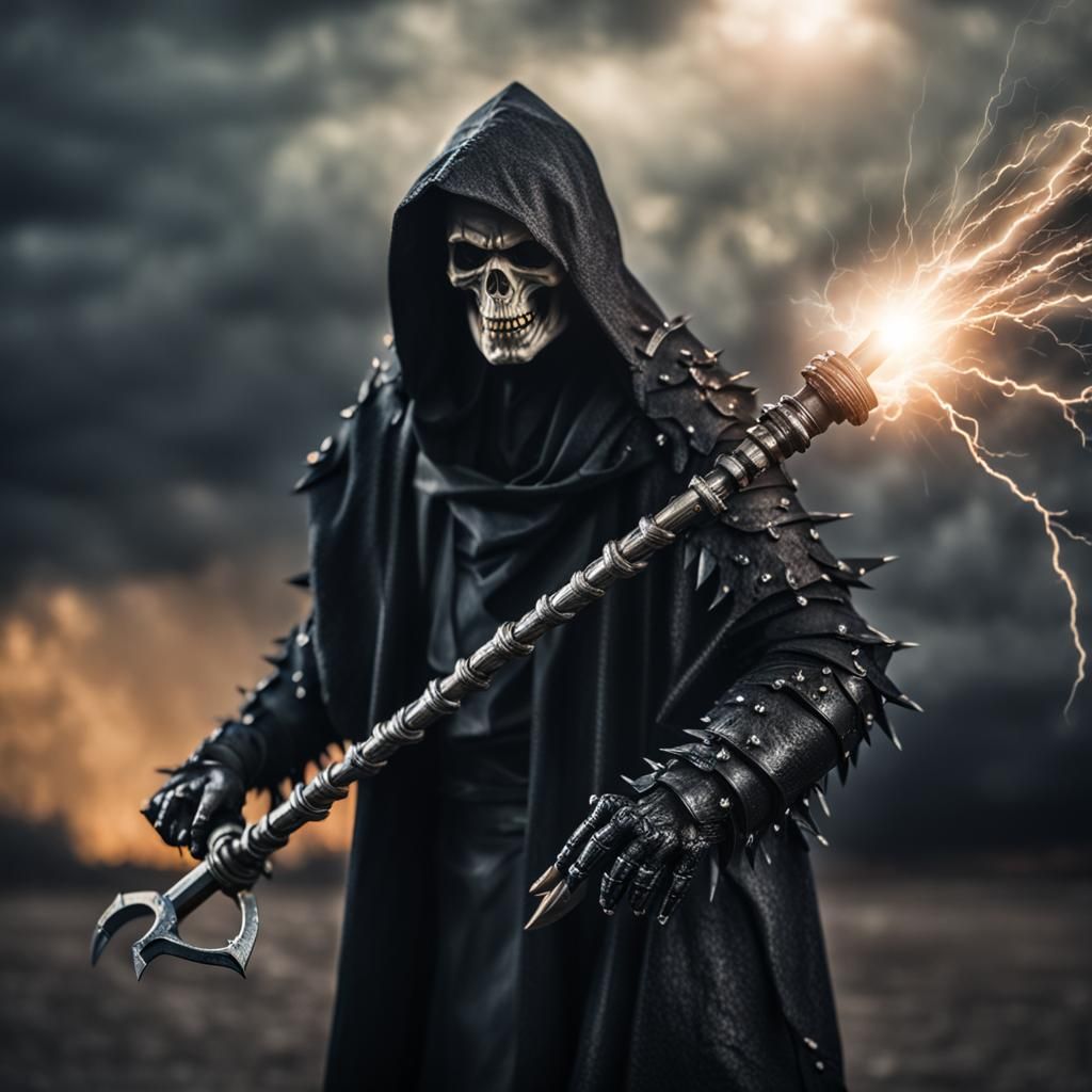 Armored Grim Reaper in Thunderstorm: Professional Photograph...