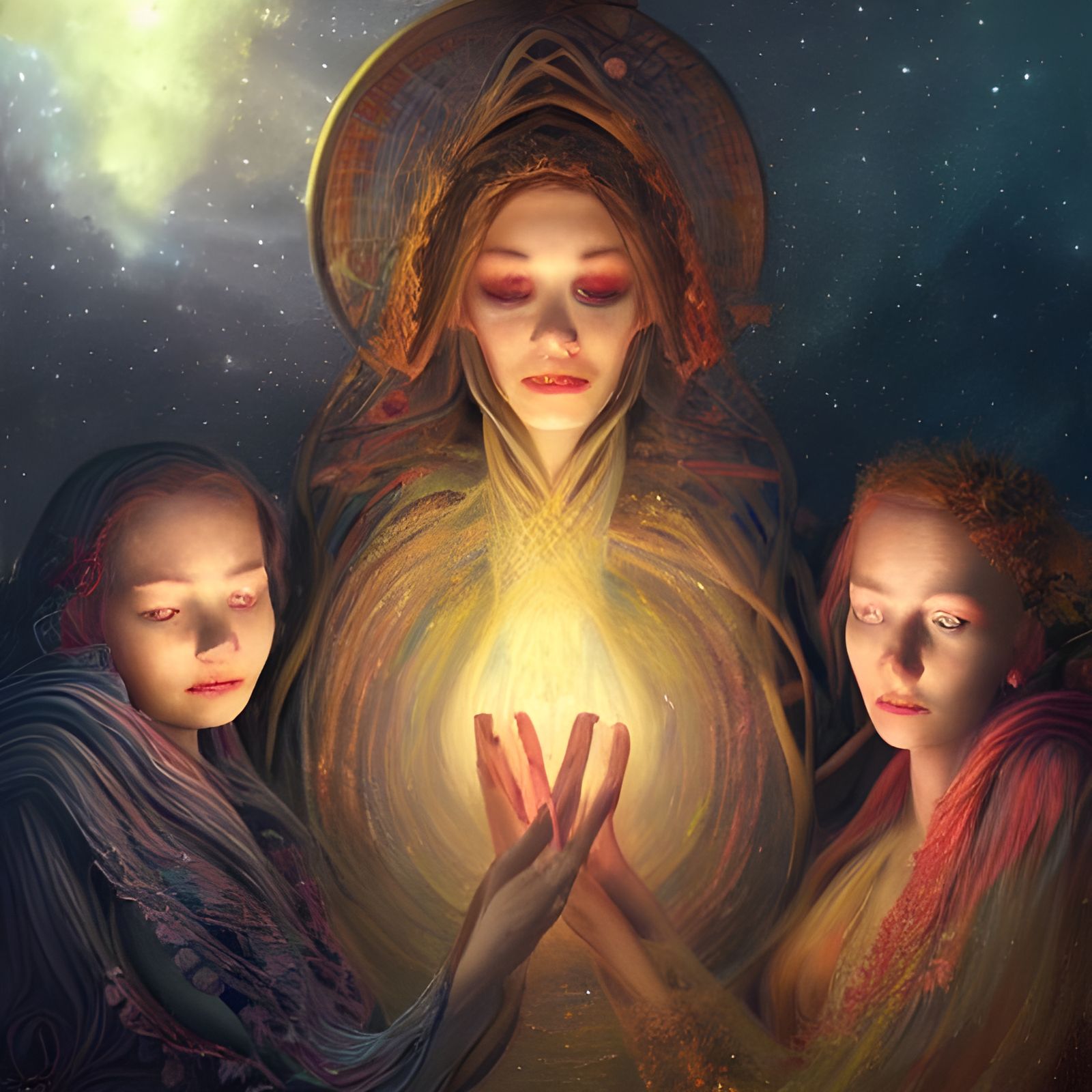 Ethereal Portrait of The Fates Weaving Life