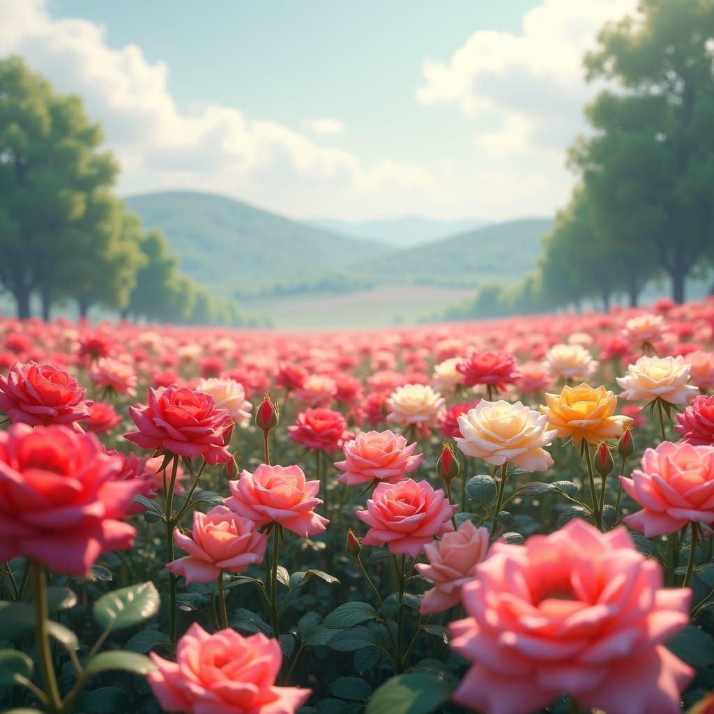Rose Field in Rain: 3D Anime Art