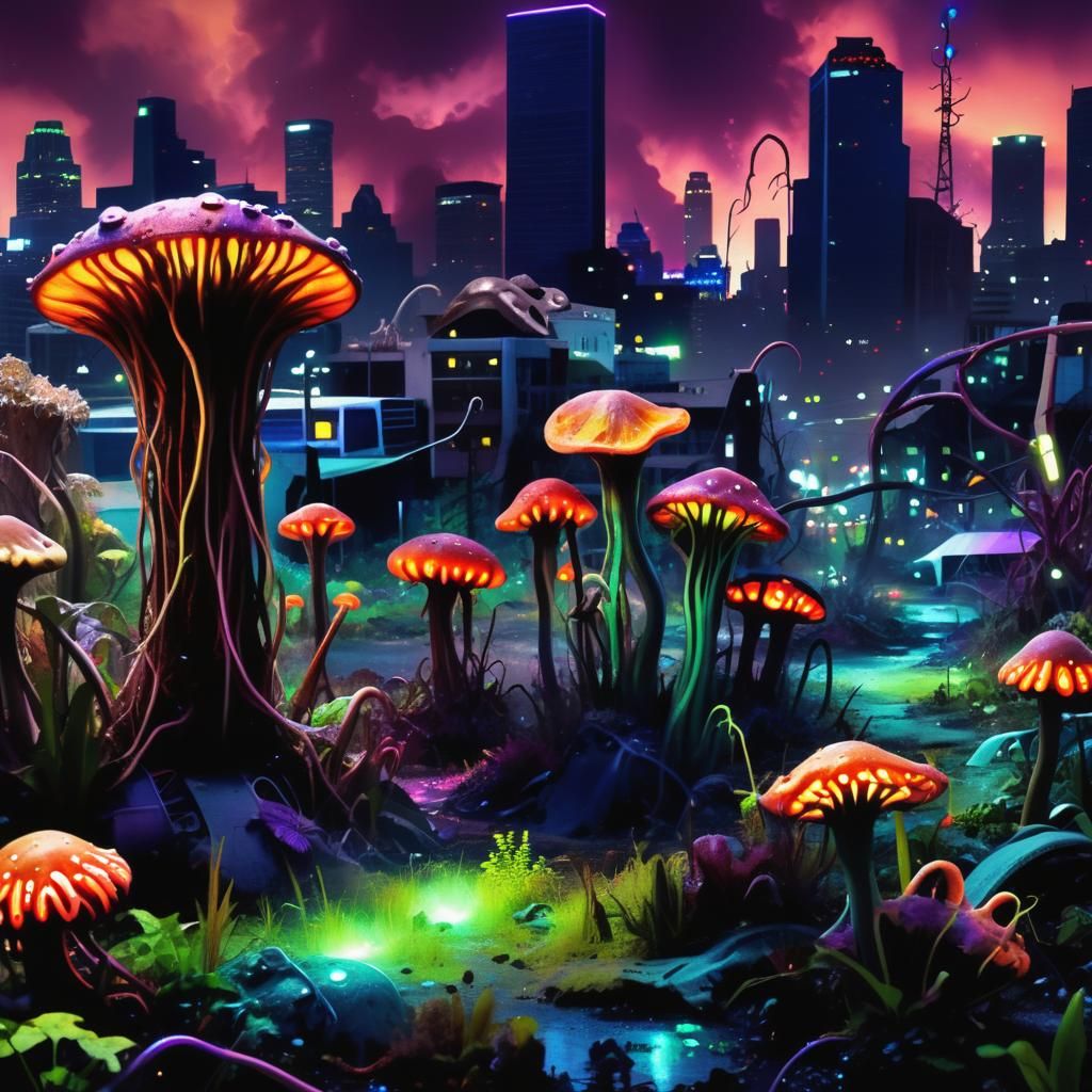 Apocalyptic Alien Cityscape with Bioluminescent Flora