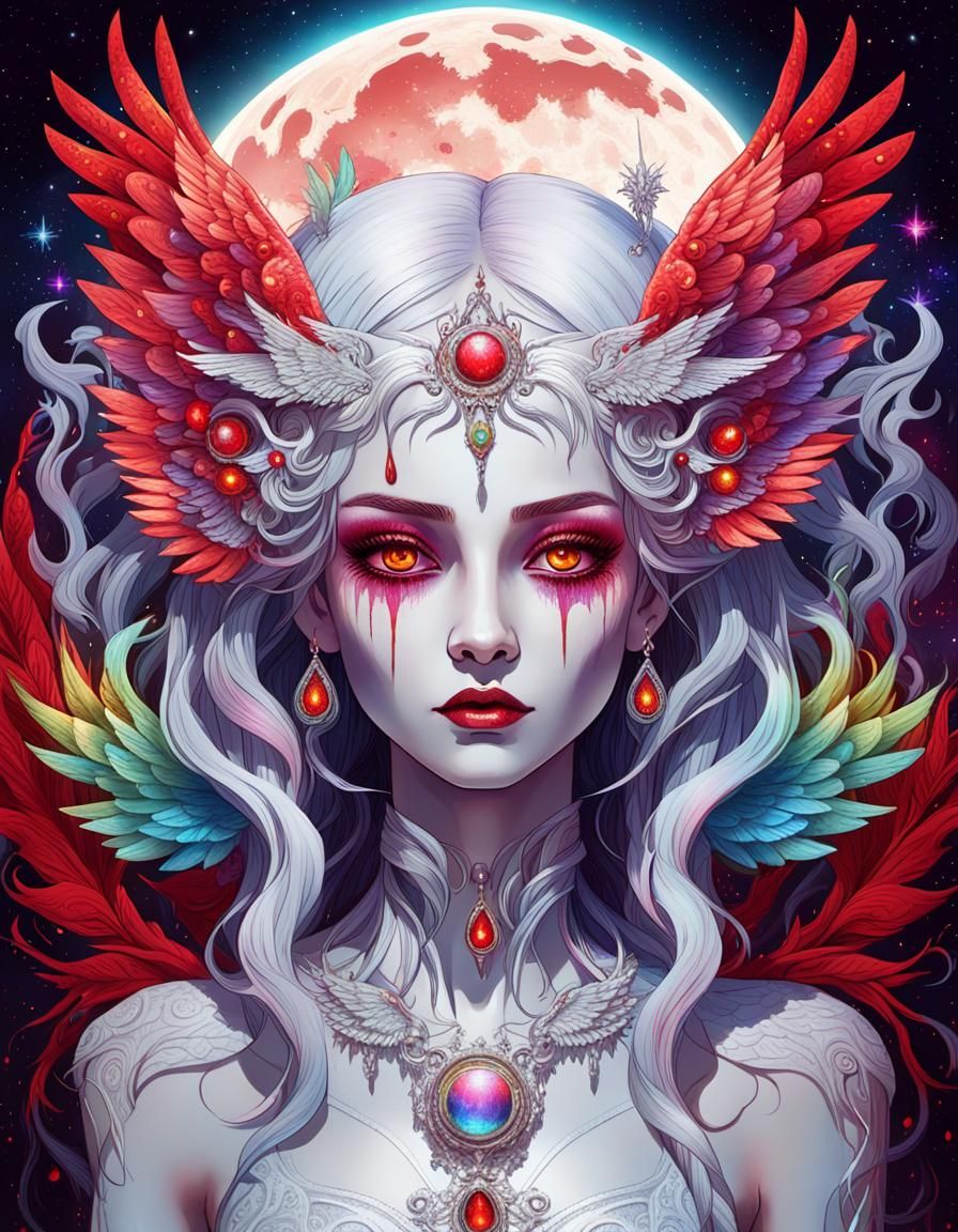 Cosmic Goddess with Rainbow Hair and Wings