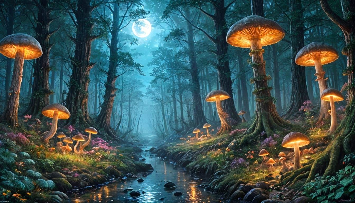 Magical Forest: Surreal Oil Painting with Glowing Elements