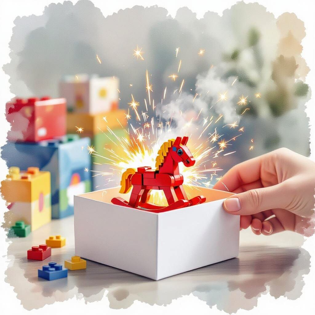 Red Lego Rocking Horse Emerges from Box with Sparks
