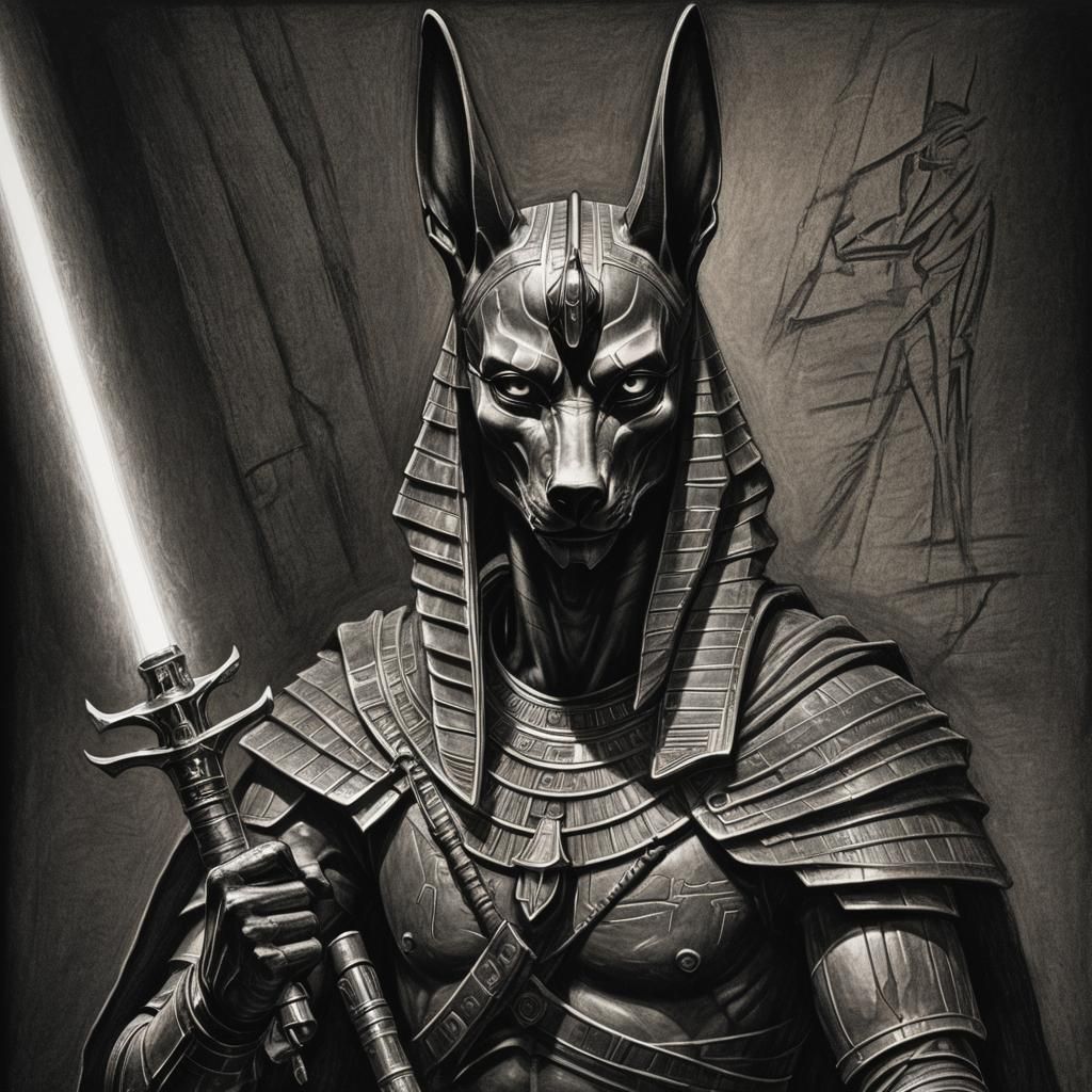 Hyperdetailed Charcoal Anubis with Lightsaber