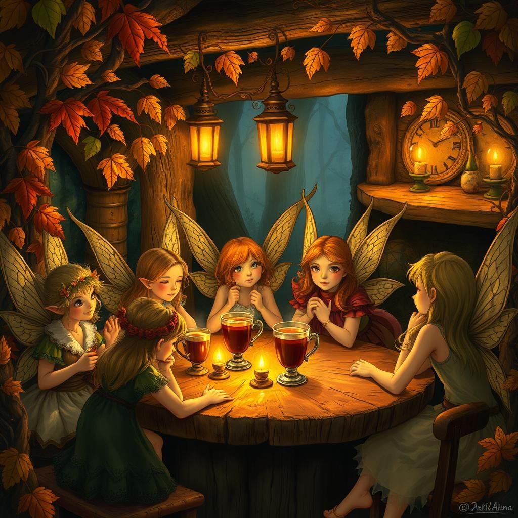 scene from a fantasy world where a group of whimsical Fairie...