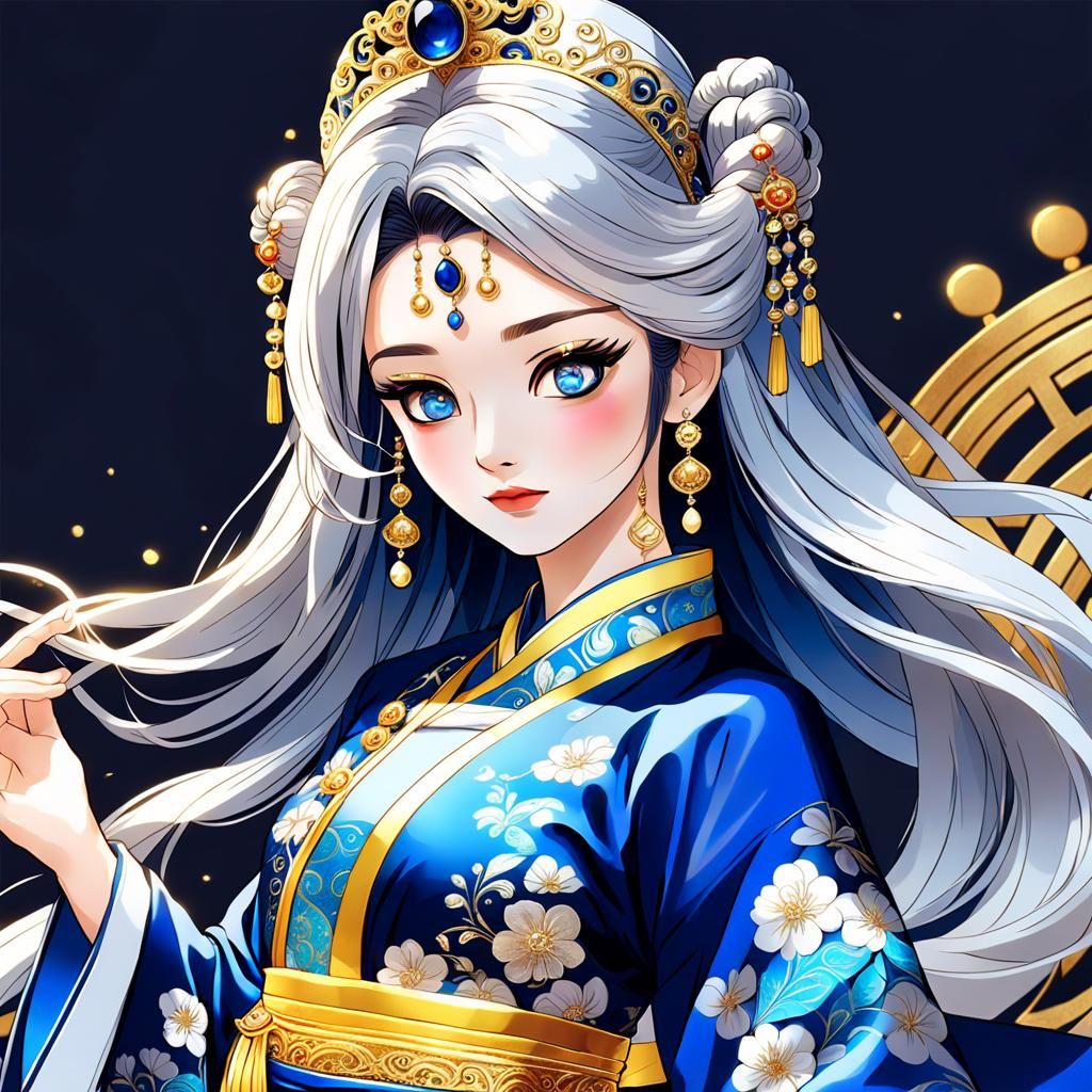 Empress in Hanfu with Silver Hair, Anime Style
