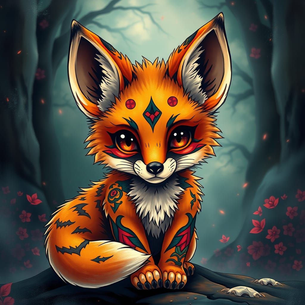 Mythical Fox Cub in Tattoo Style