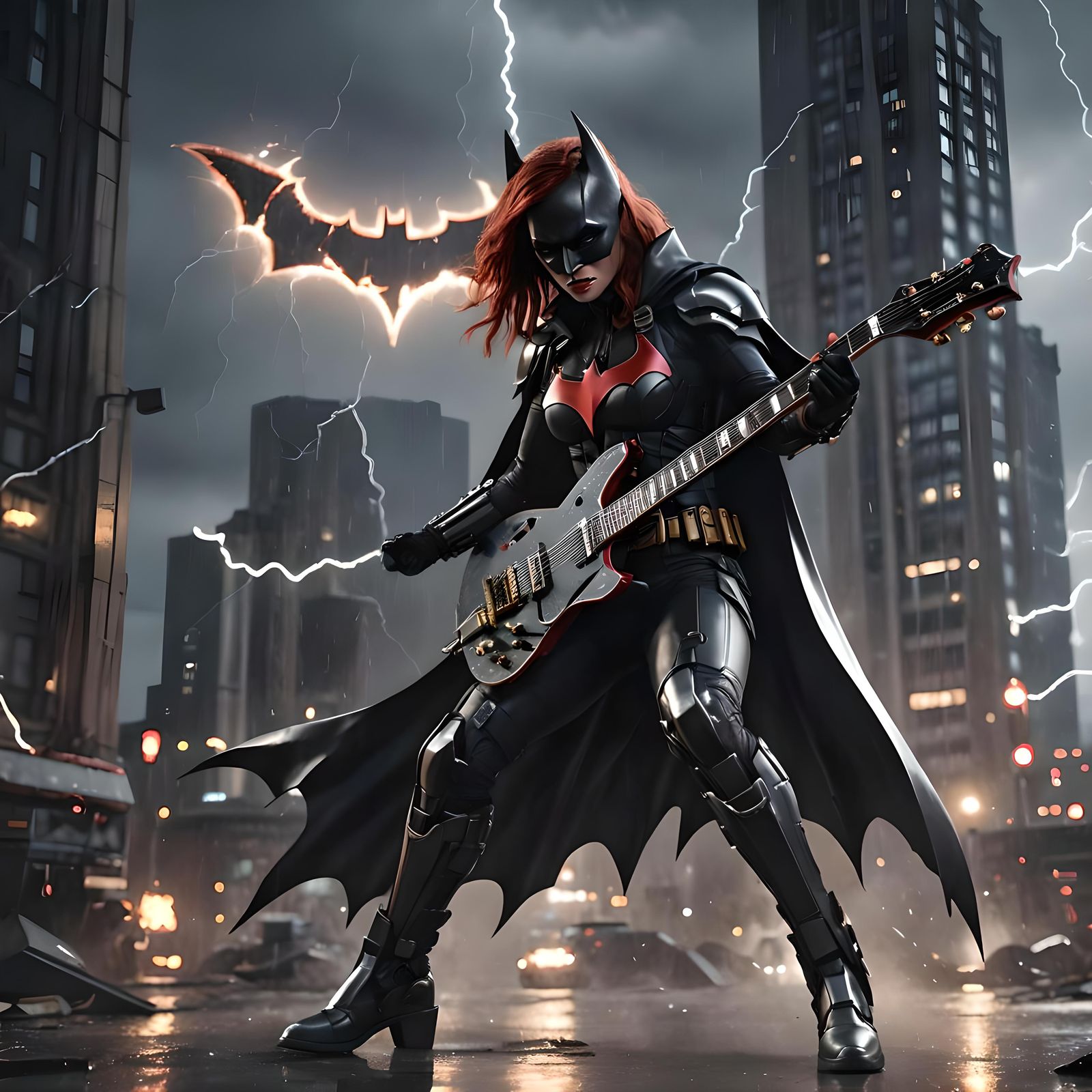 Batwoman Shreds Guitar Under Gotham City Lightning in Cyberp...