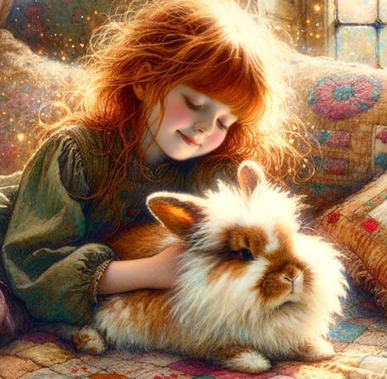 Whimsical Watercolour Girl and Bunny in Soft Edwardian Light
