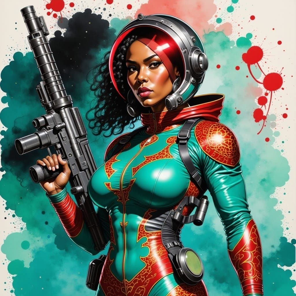 Venezuelan Woman in Ornate Teal Spacesuit with Laser Rifle