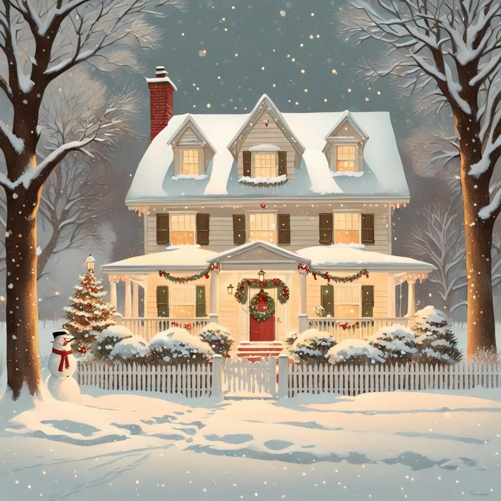 Classic Winter Wonderland Scene in a Norman Rockwell-Inspire...