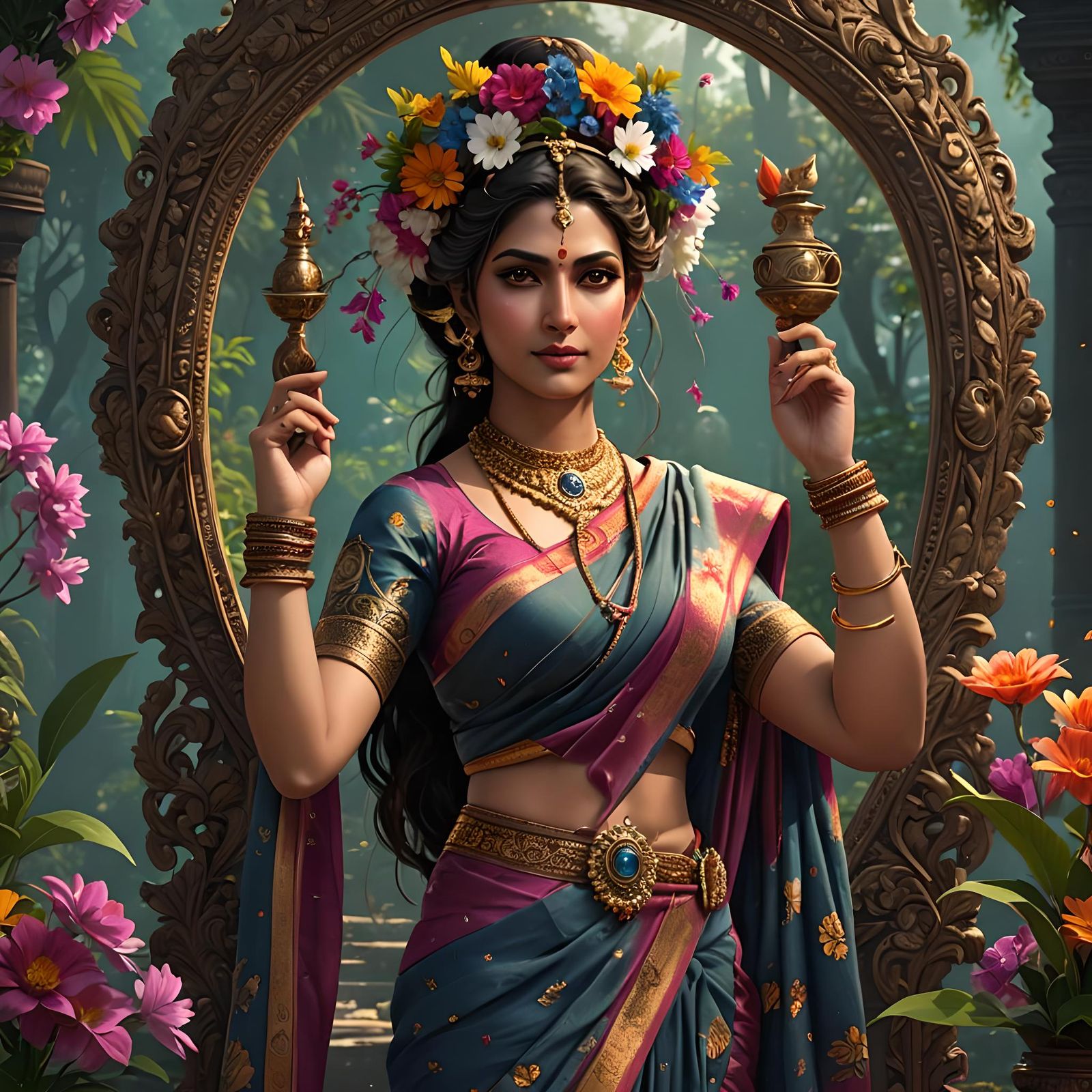 Parvati with Mirror: Detailed Fantasy Art