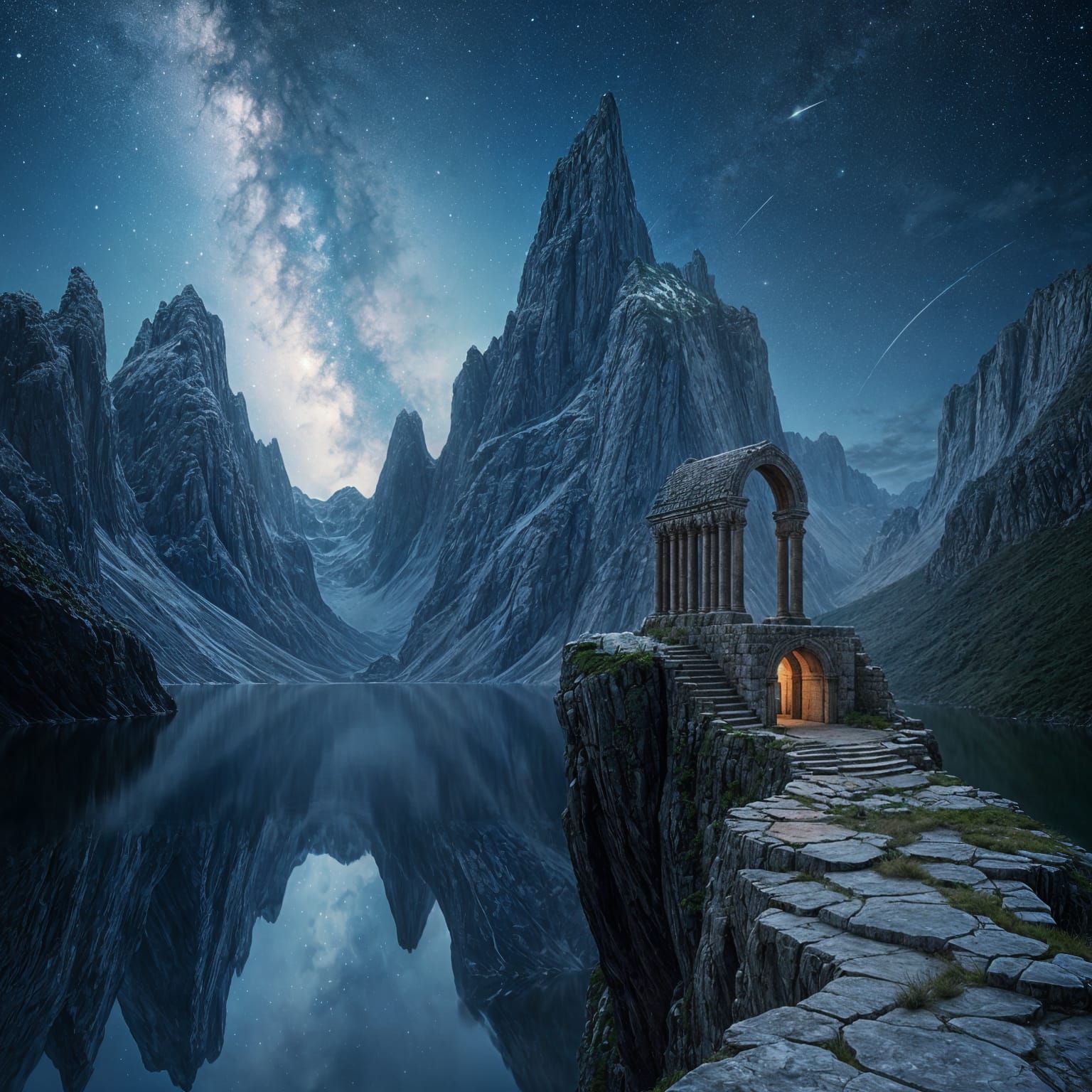 Surreal Crystalline Mountains Reflecting Celestial Sky